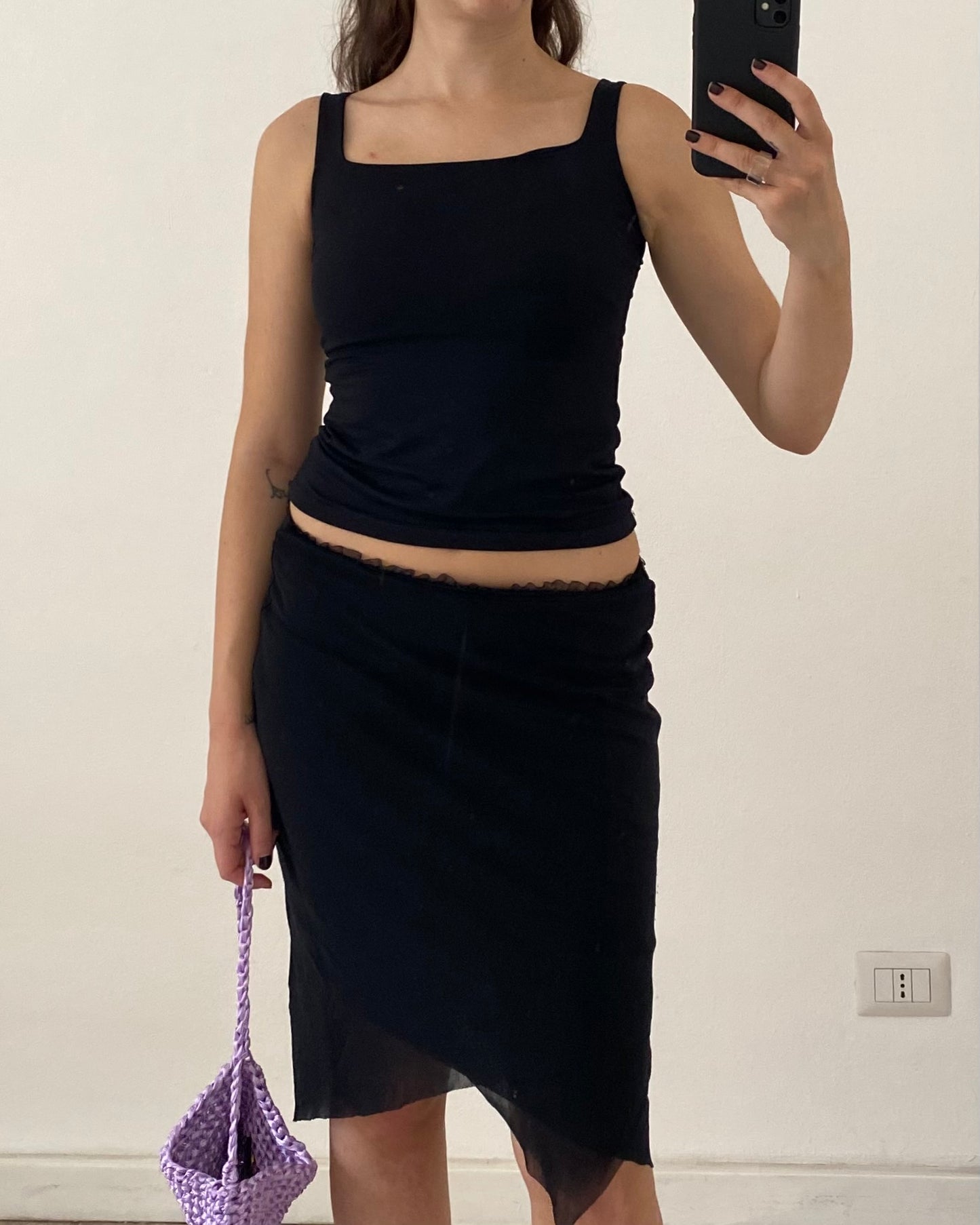 Asymmetric tulle midi skirt