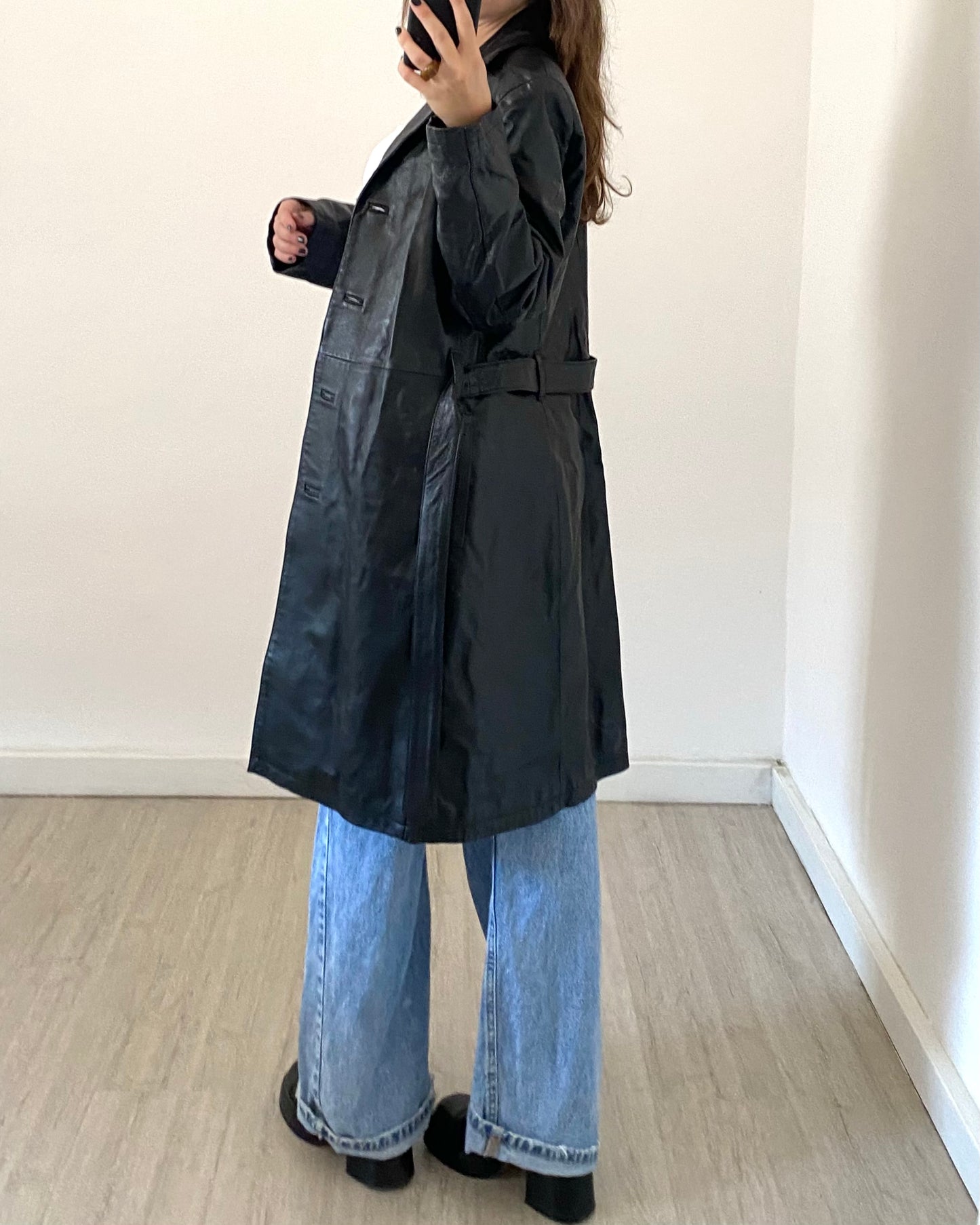 Belted leather trench jacket