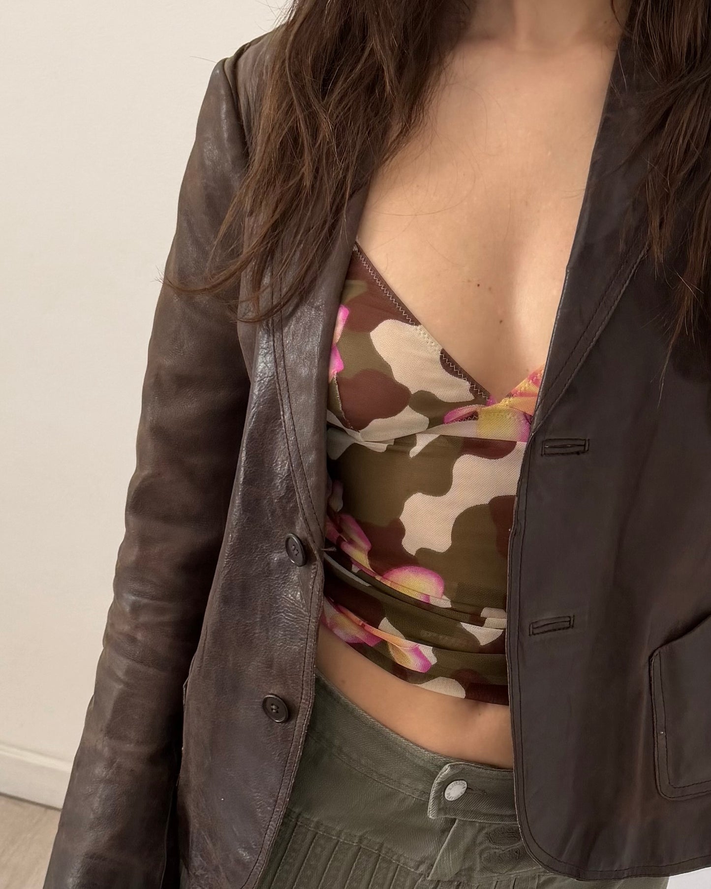 Brown distressed leather blazer jacket