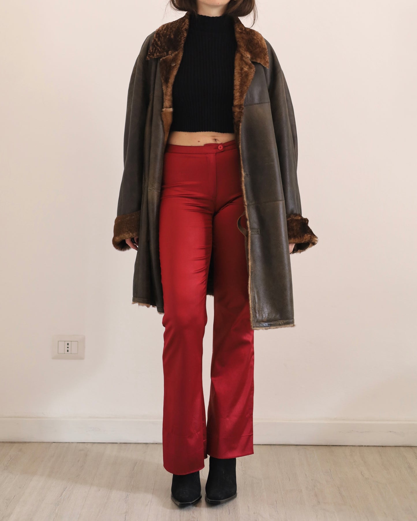 Red satin flare trousers