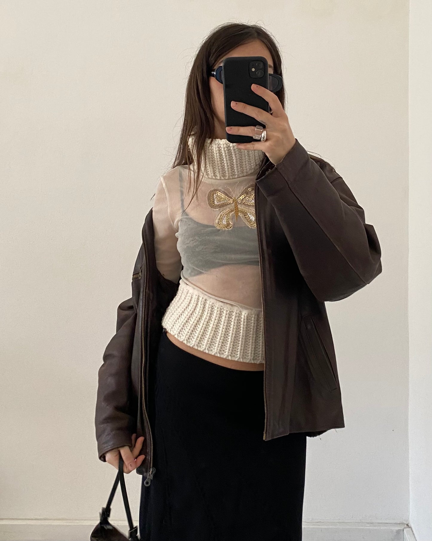 Sheer micro mesh turtleneck top