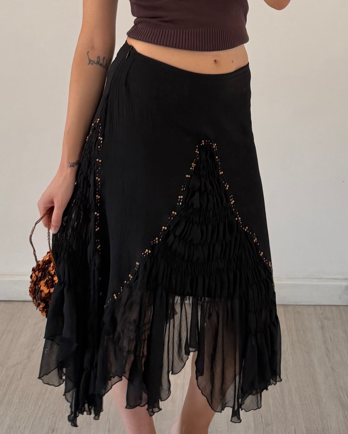 Embroidered chiffon midi skirt