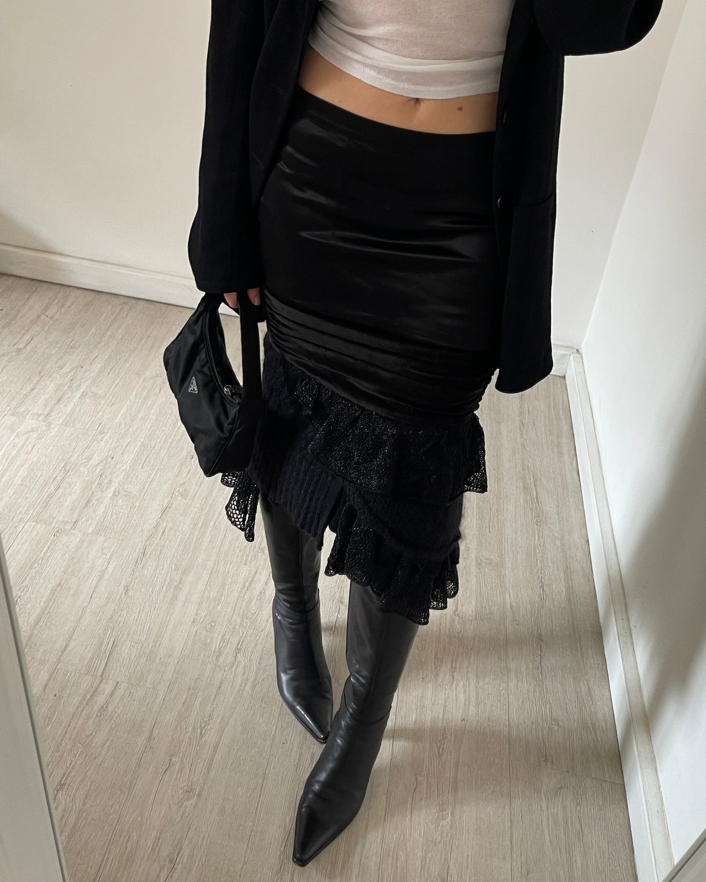 Satin mohair patchwork midi skirt