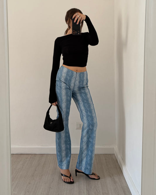 Y2k blue snakeskin flares