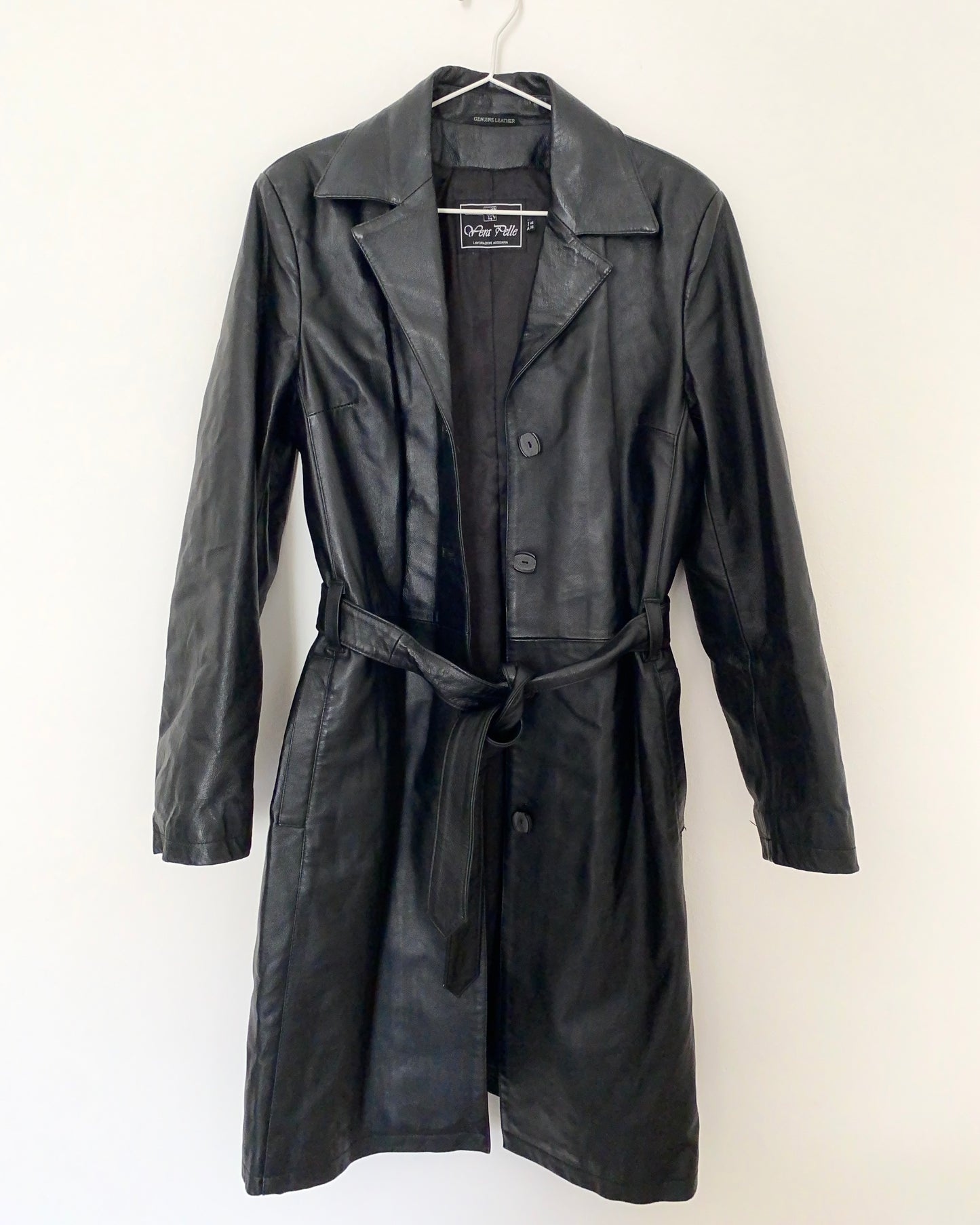 Belted leather trench jacket