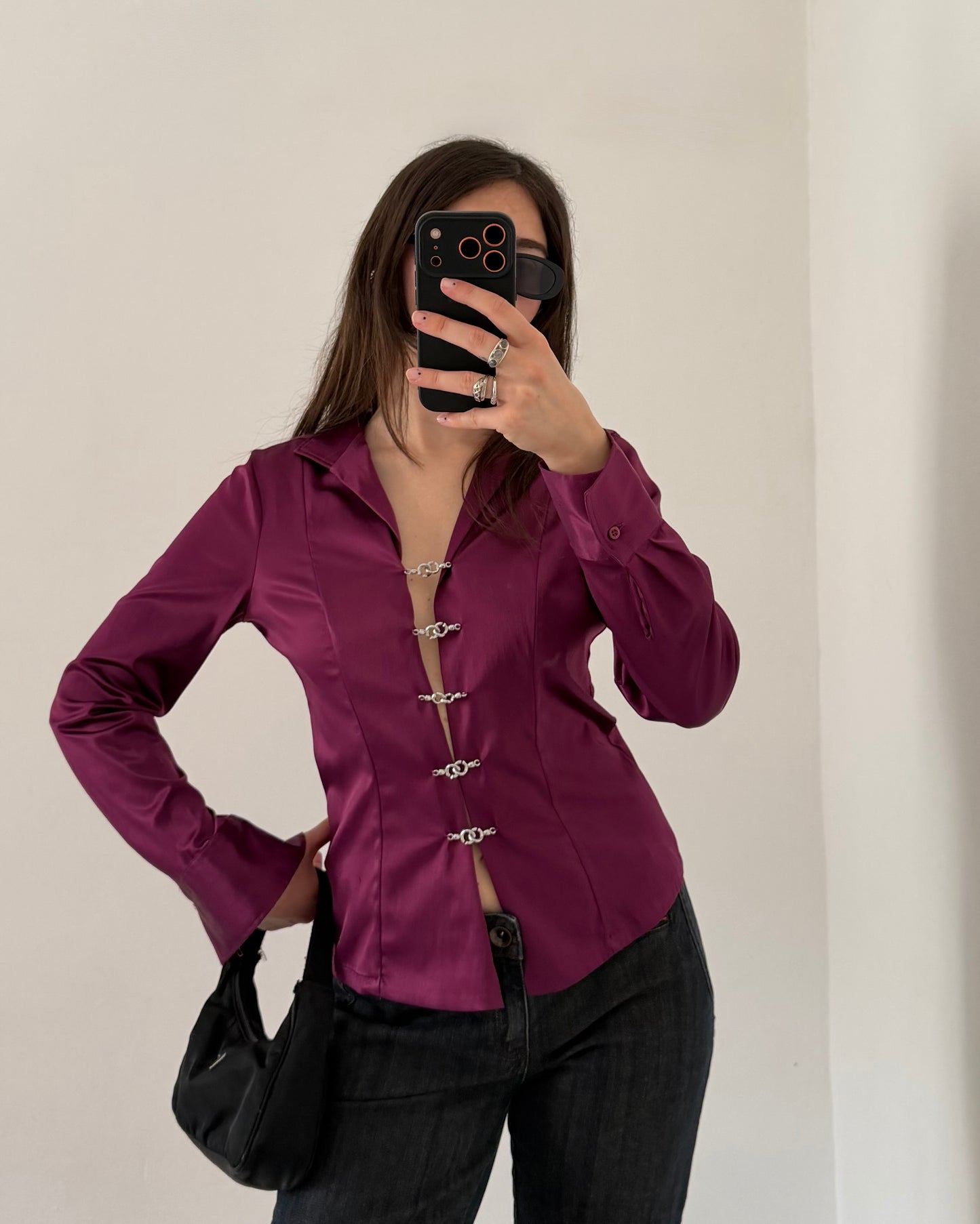 Satin shirt with metal hooks