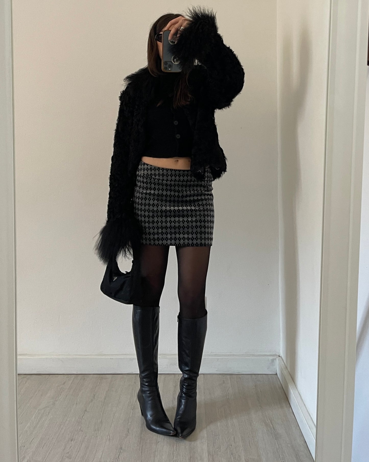 Velvet argyle mini skirt