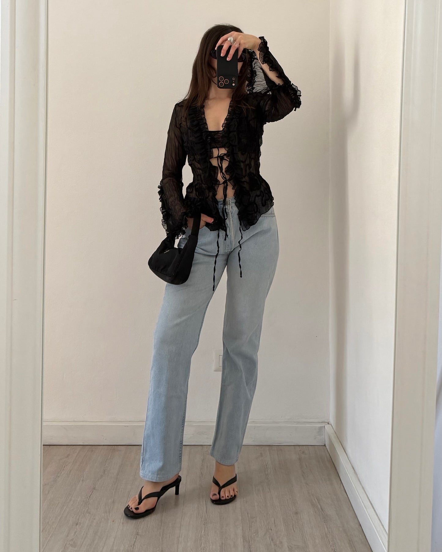 Sheer crinkle lace up blouse