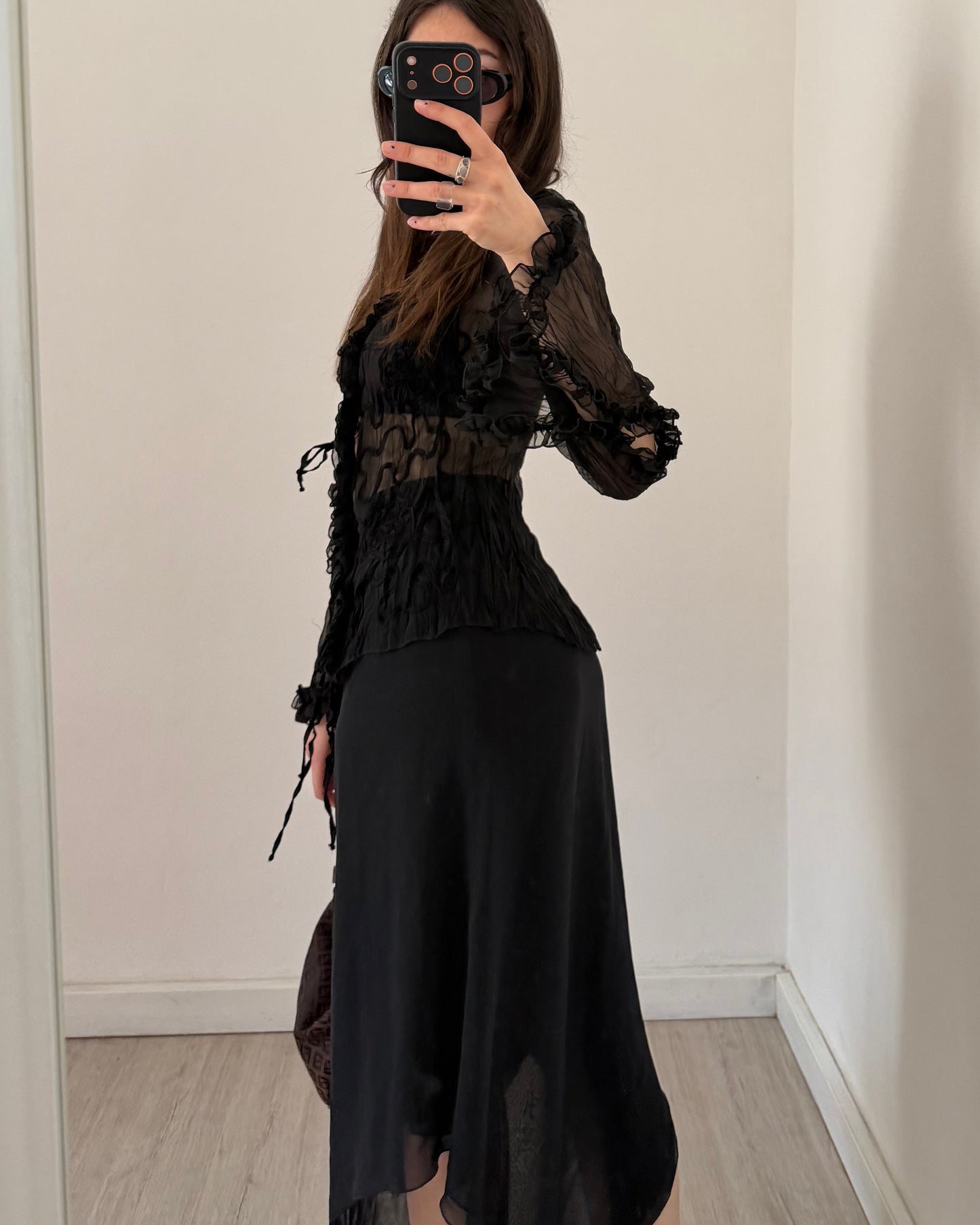 Sheer crinkle lace up blouse