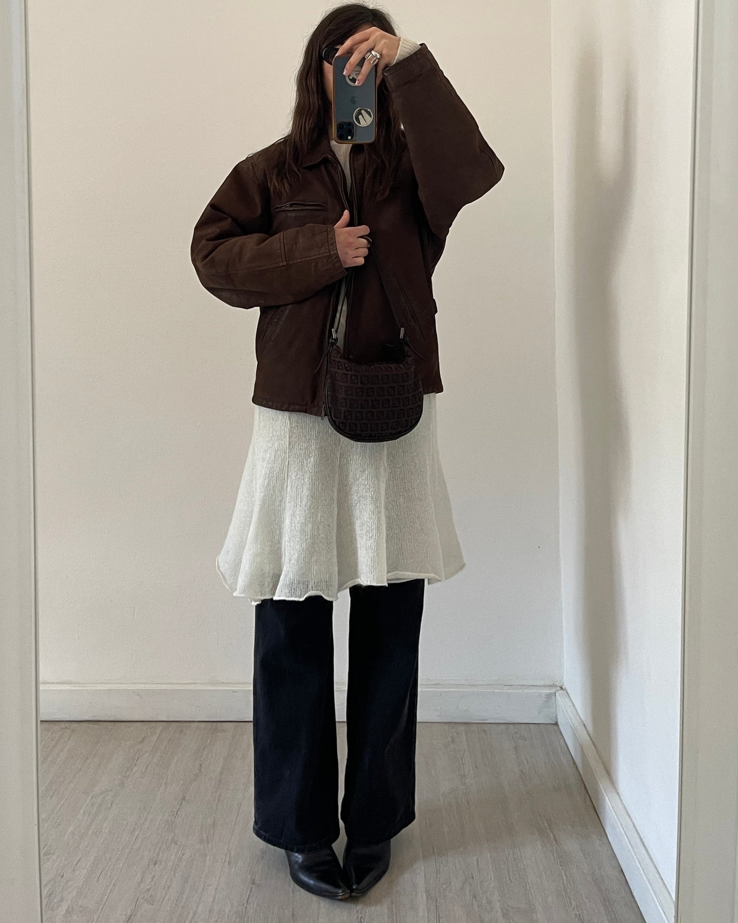 Brown leather bomber jacket