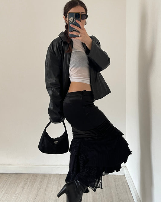 Satin mohair patchwork midi skirt