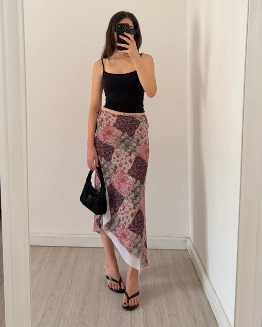 Asymmetric printed midi skirt