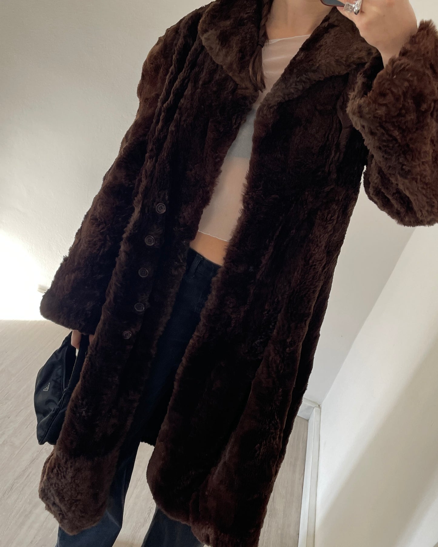 Brown long faux fur coat