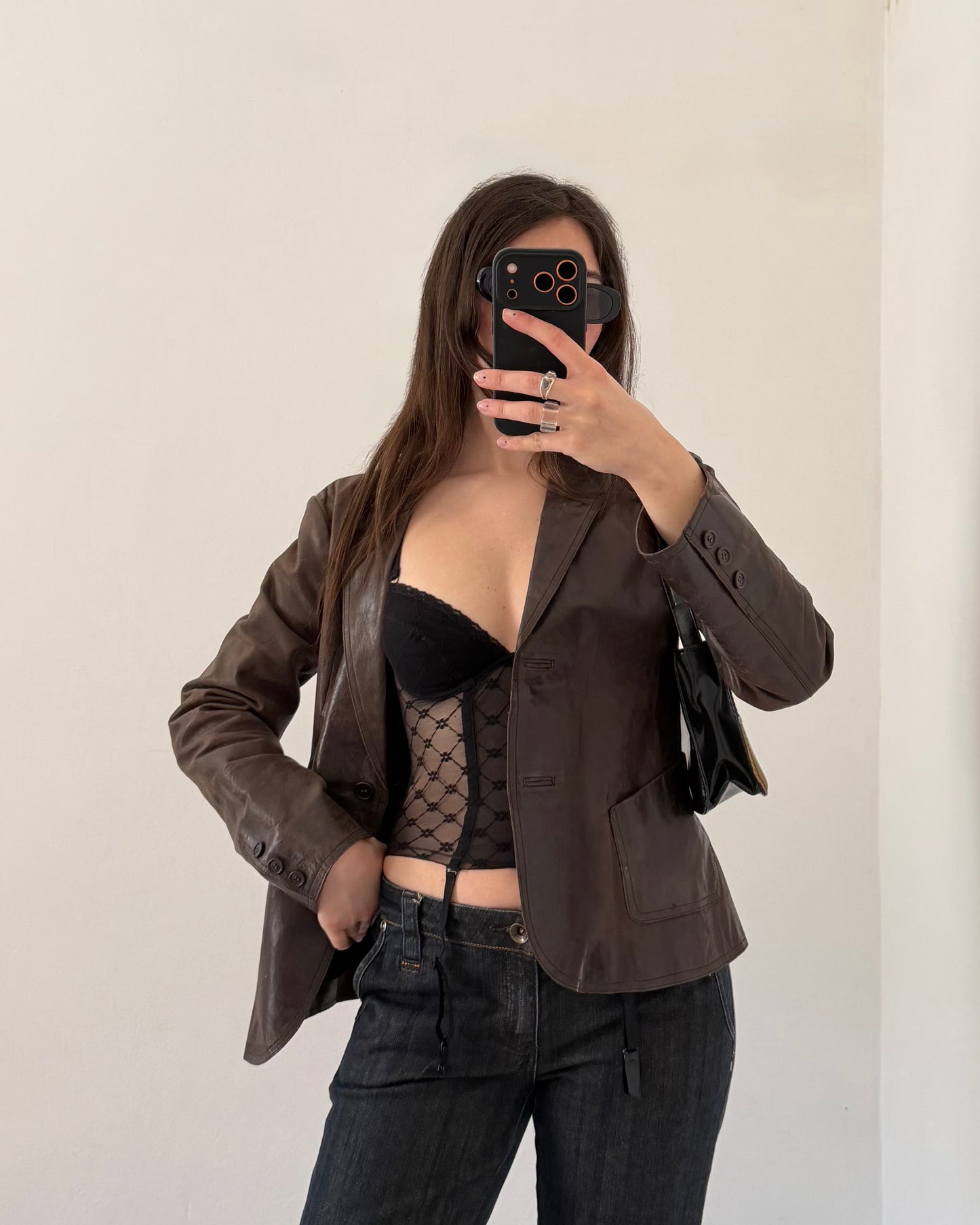 Brown distressed leather blazer jacket