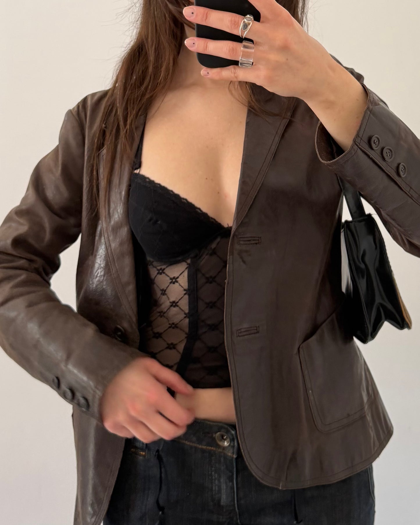 Brown distressed leather blazer jacket