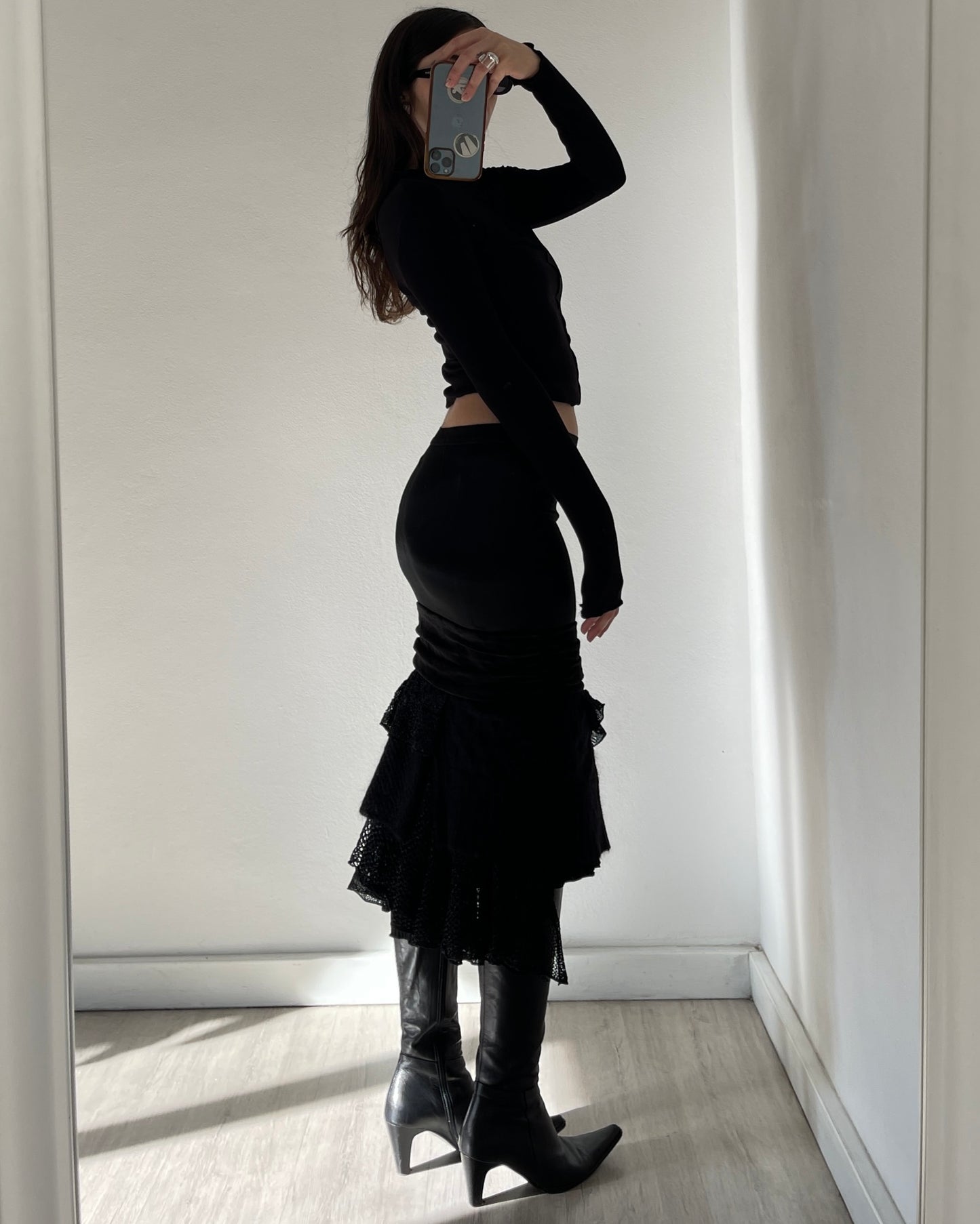 Satin mohair patchwork midi skirt