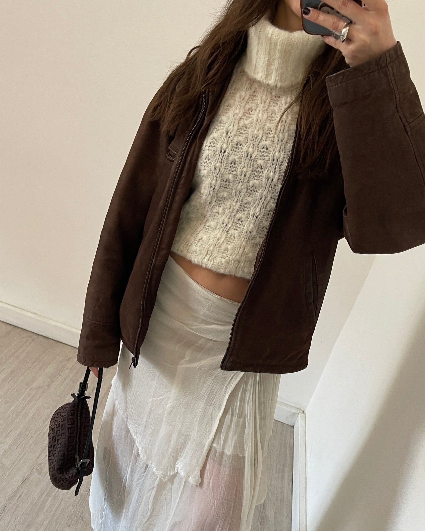 Brown leather bomber jacket