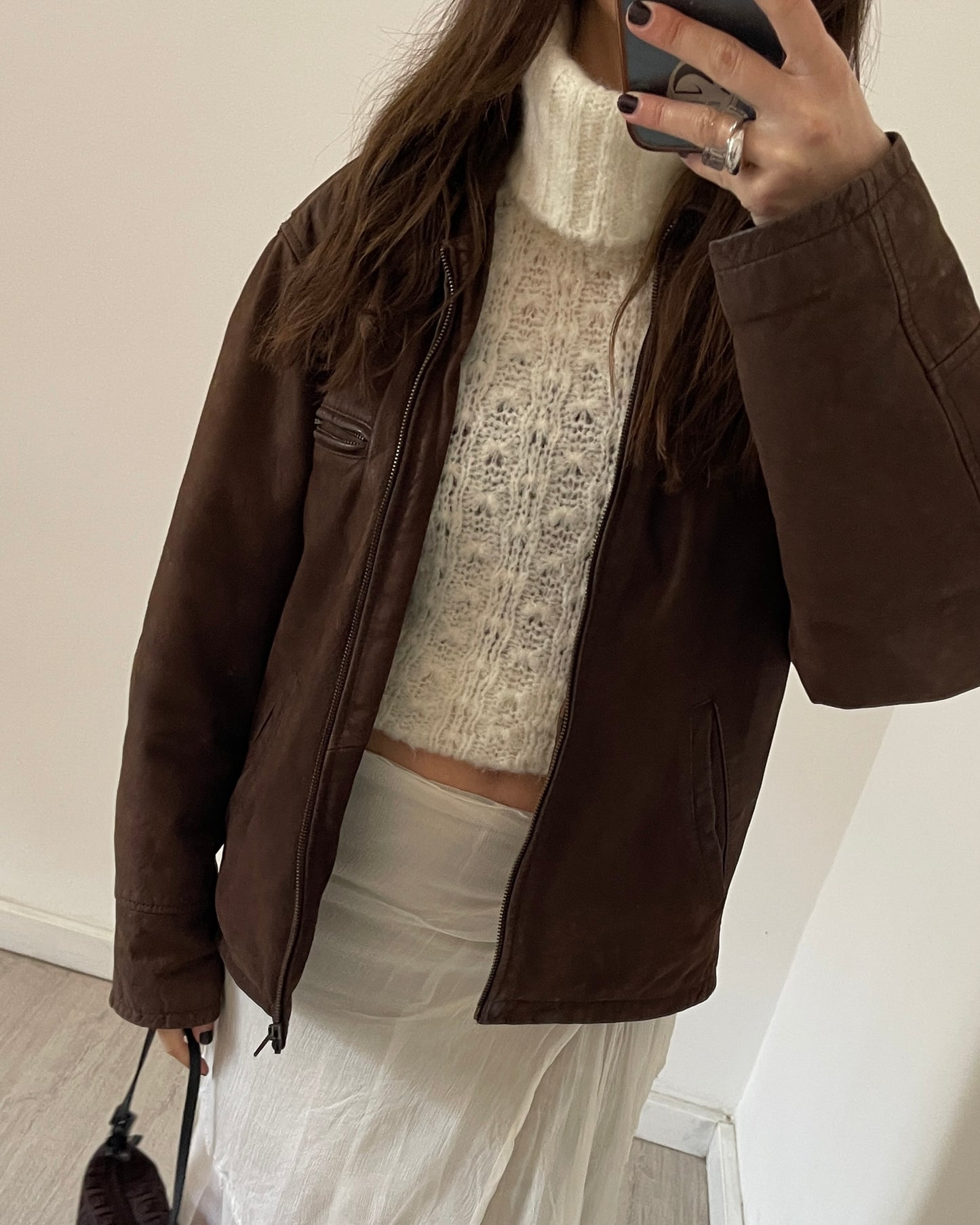 Brown leather bomber jacket