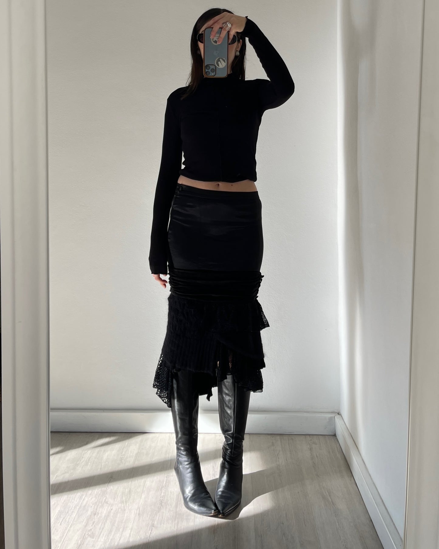 Satin mohair patchwork midi skirt