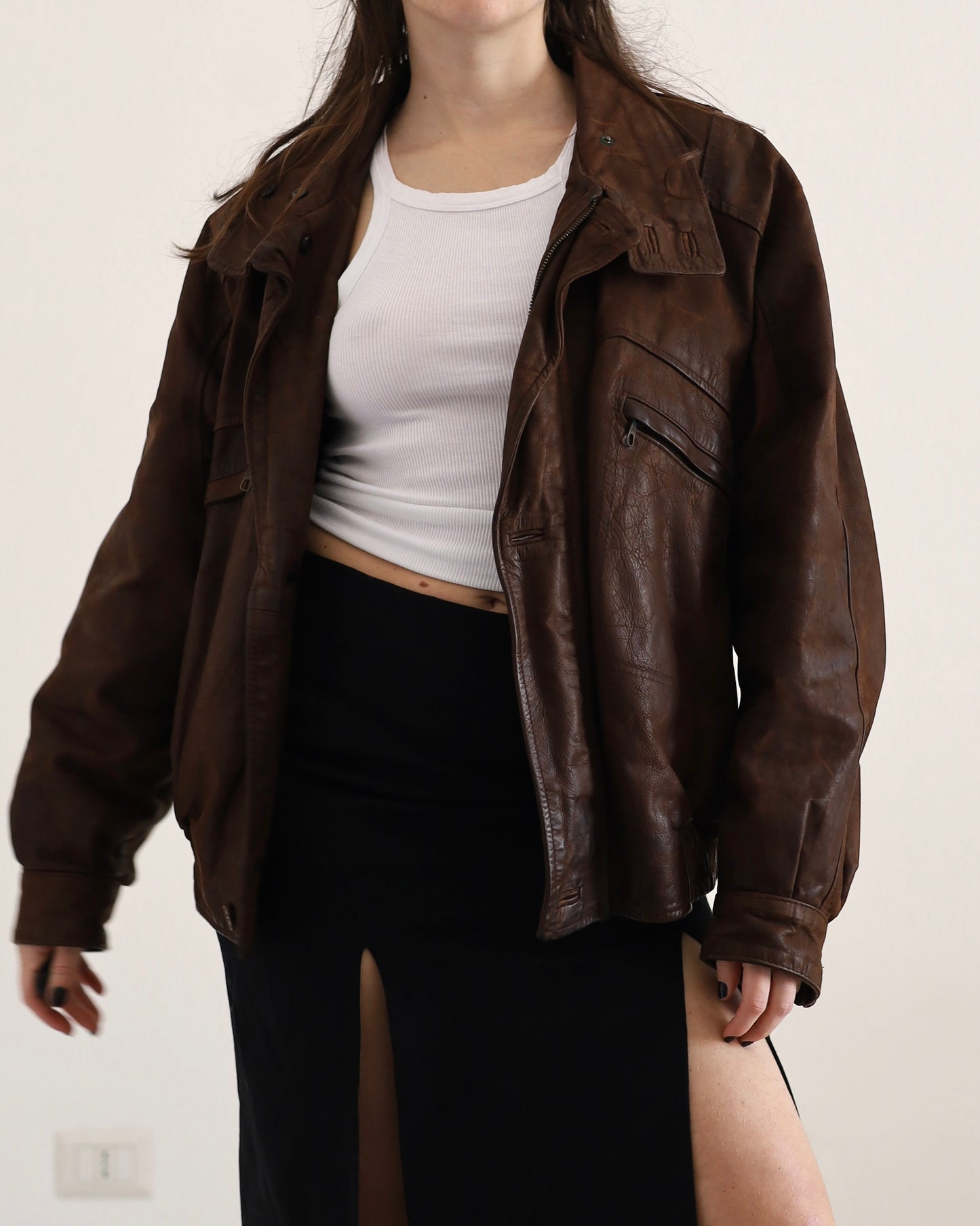 Distressed leather bomber jacket