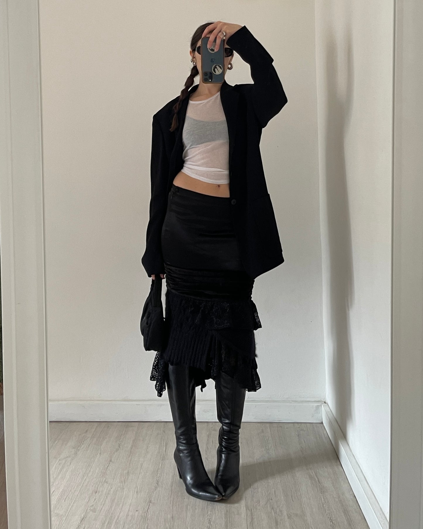 Satin mohair patchwork midi skirt