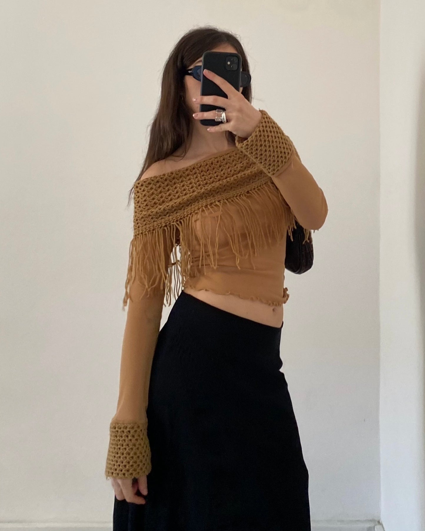 Sheer fringed micro mesh top