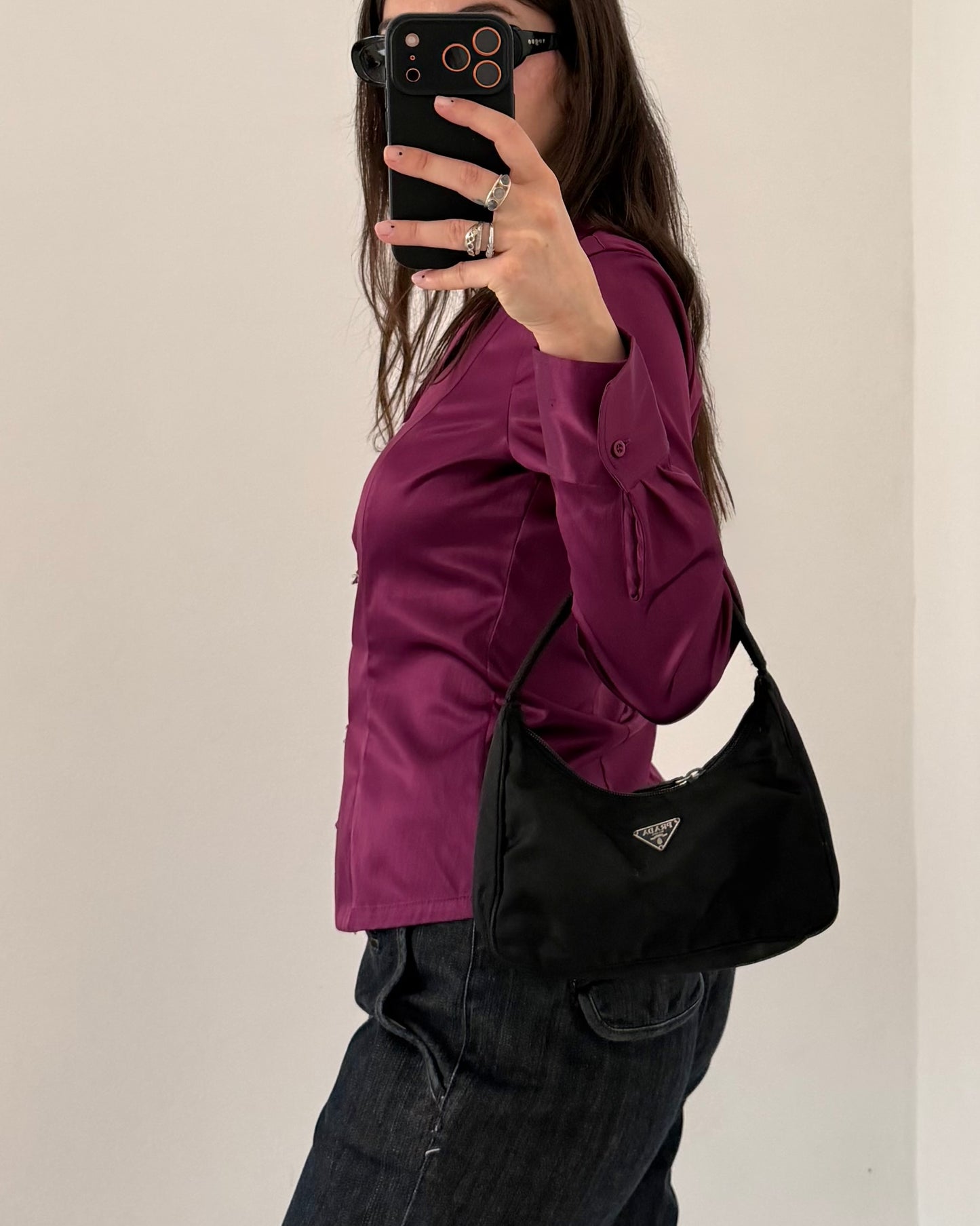 Satin shirt with metal hooks