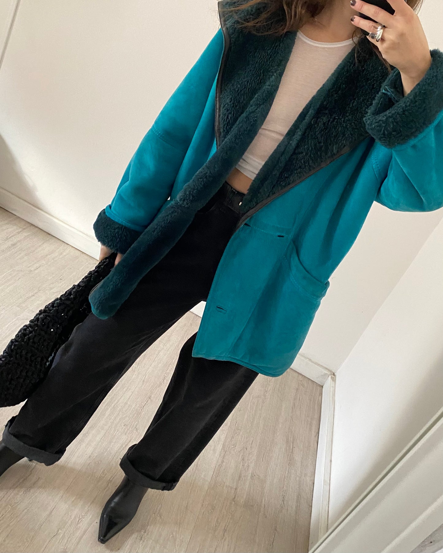 Teal shearling coat