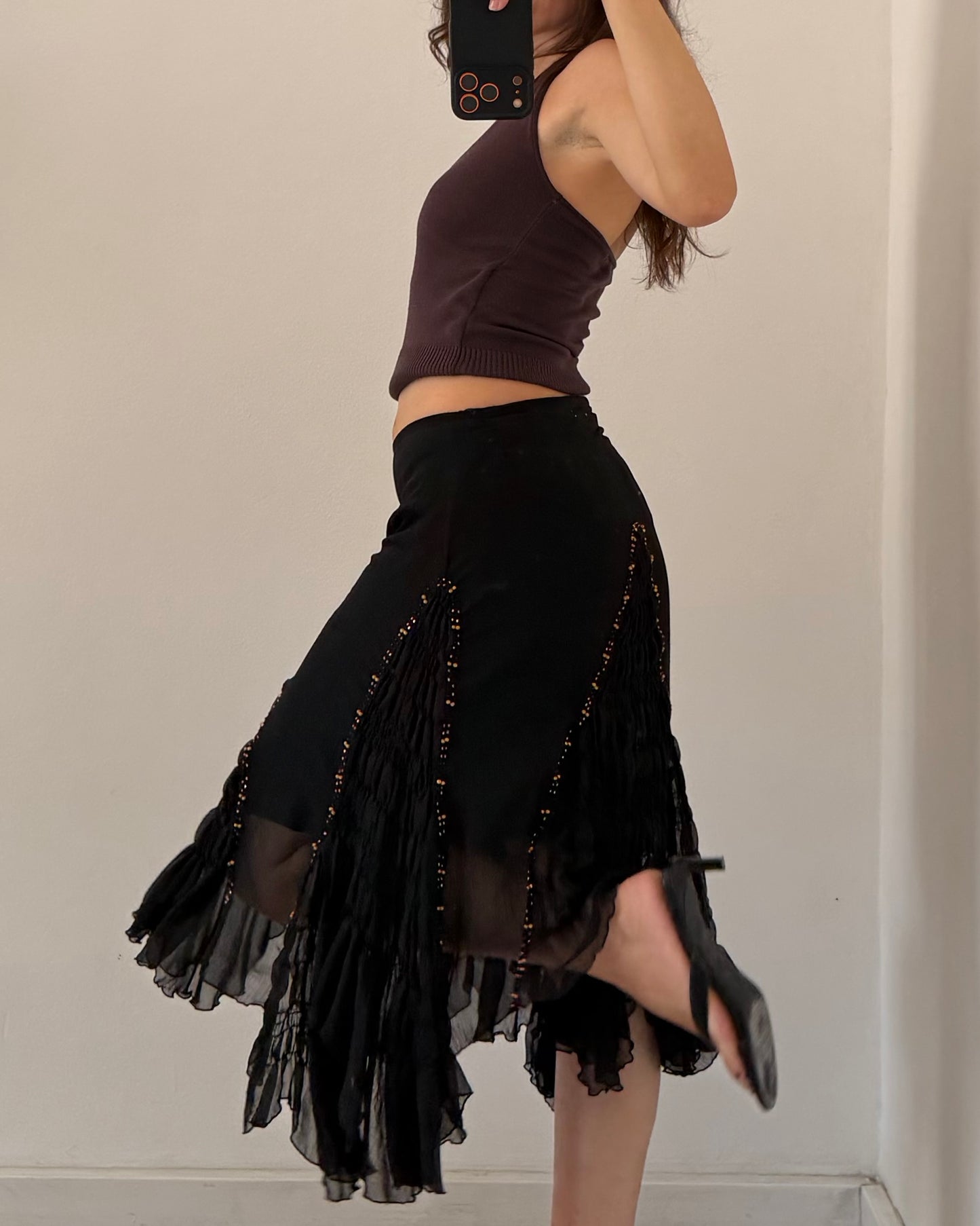 Embroidered chiffon midi skirt
