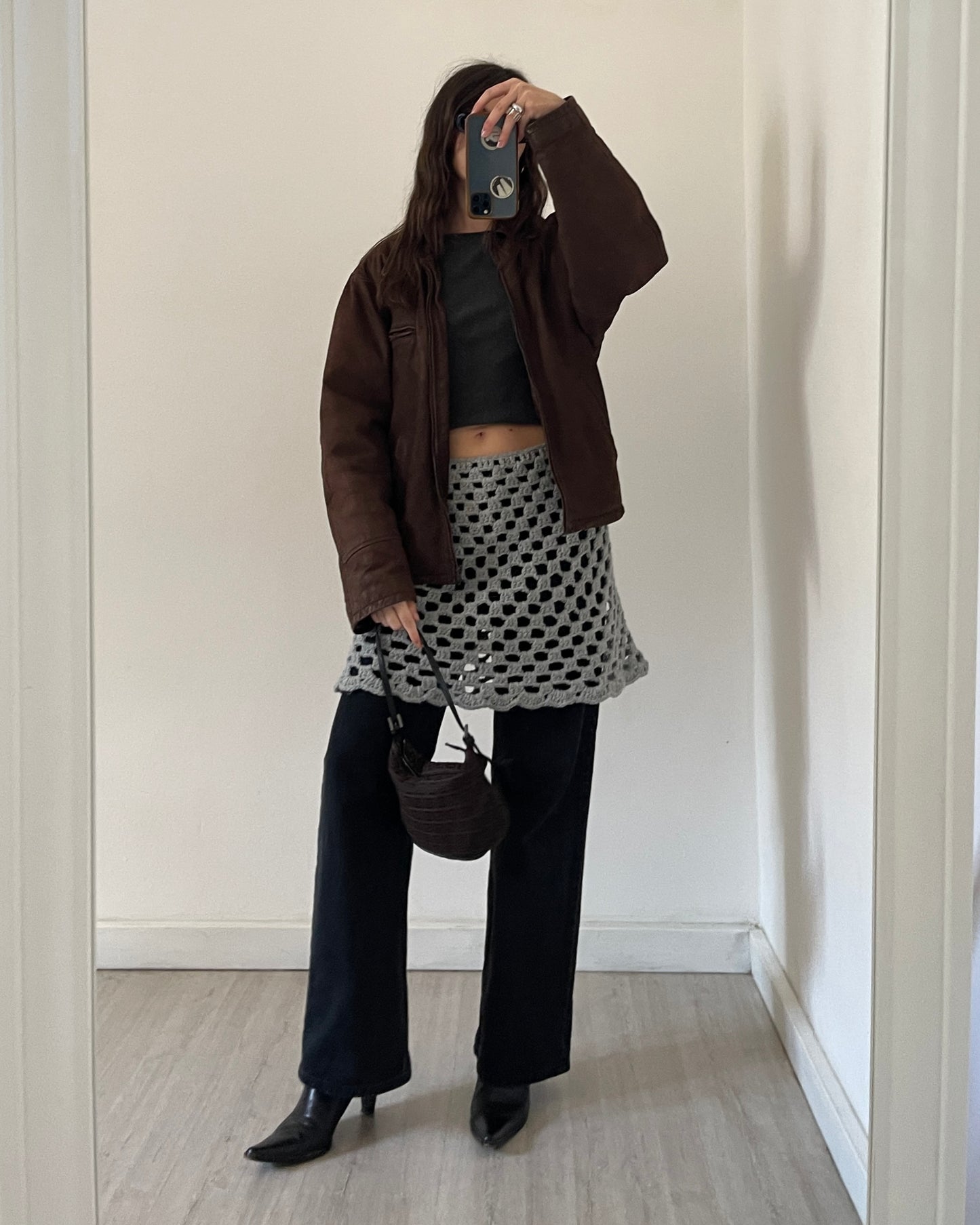 Brown leather bomber jacket