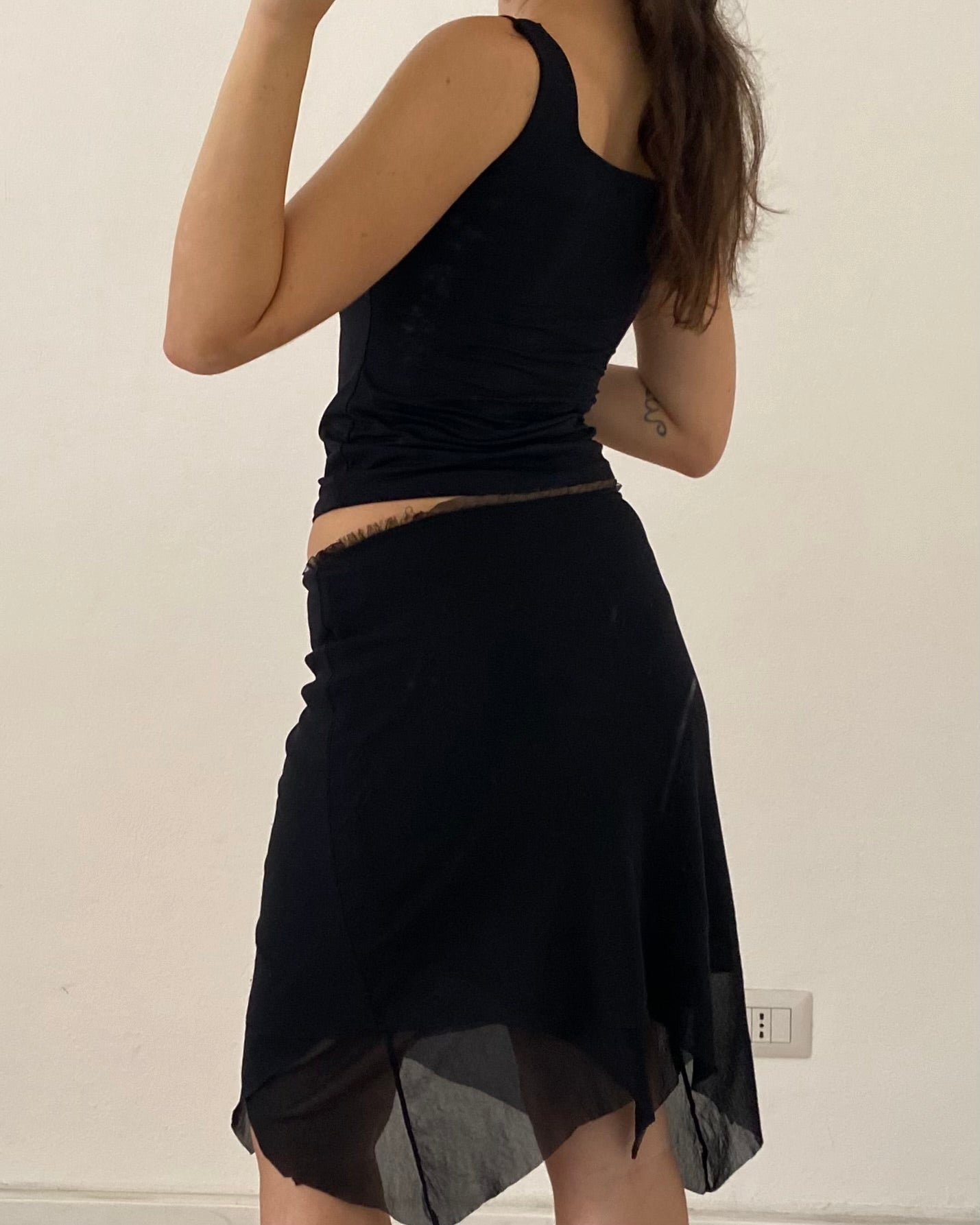 Asymmetric tulle midi skirt