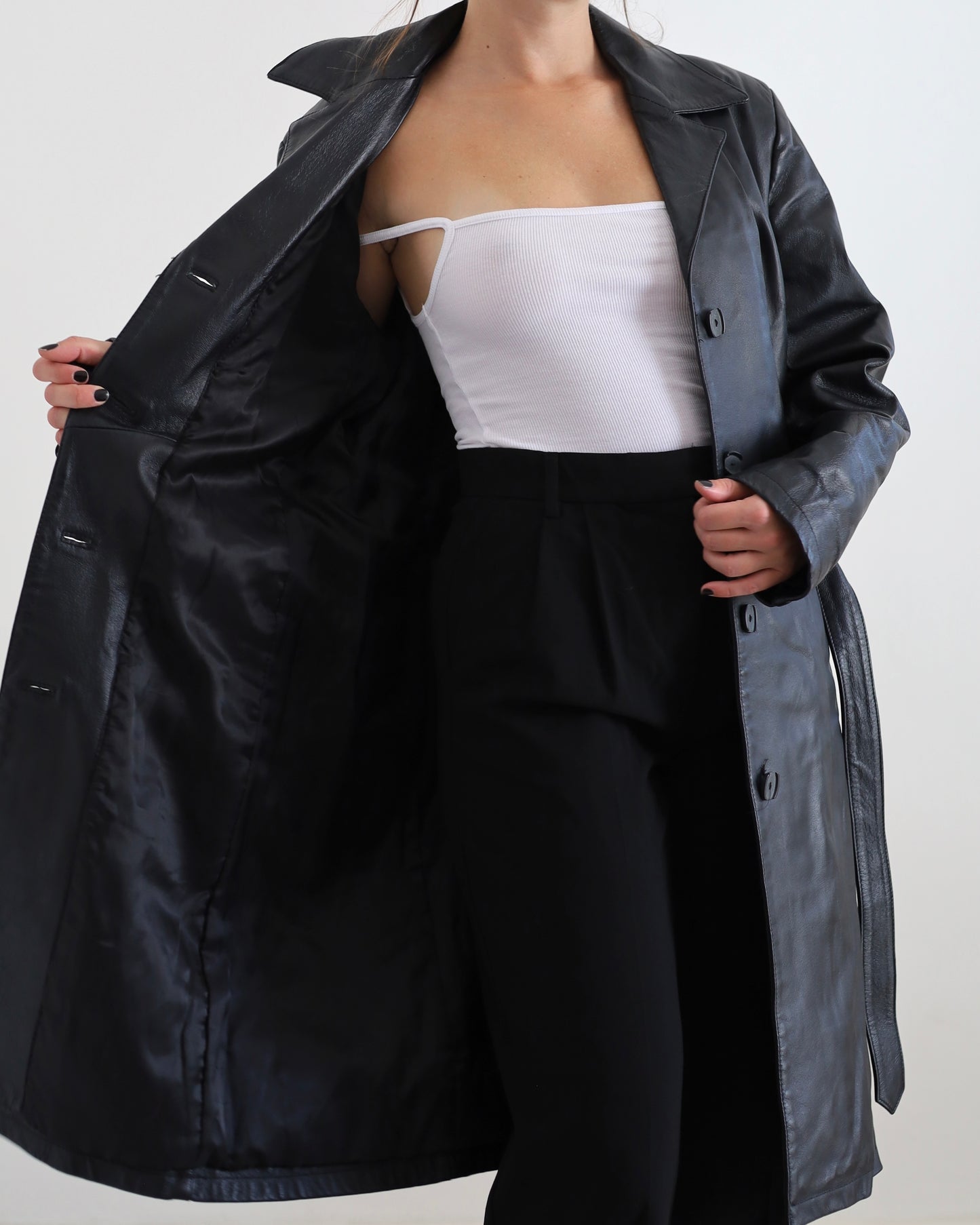 Belted leather trench jacket