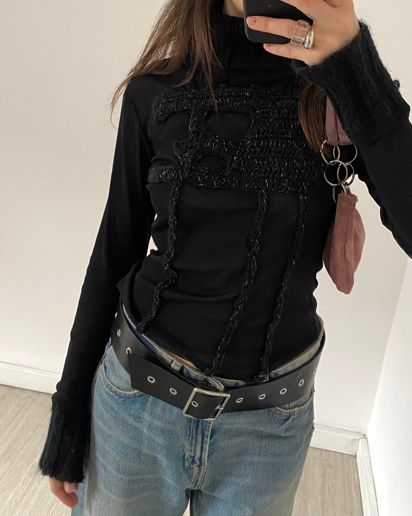 Sheer patchwork turleneck top