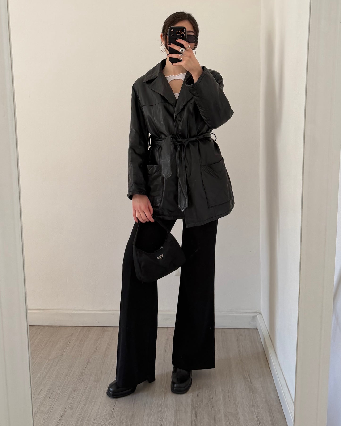 Belted leather jacket