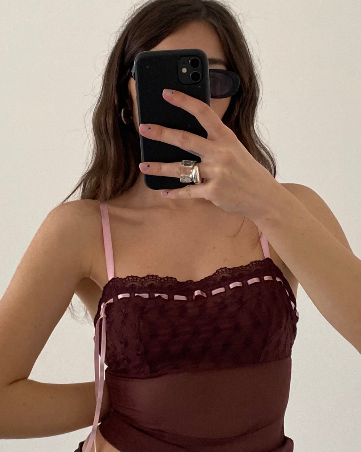 Sheer top with baby pink ribbon