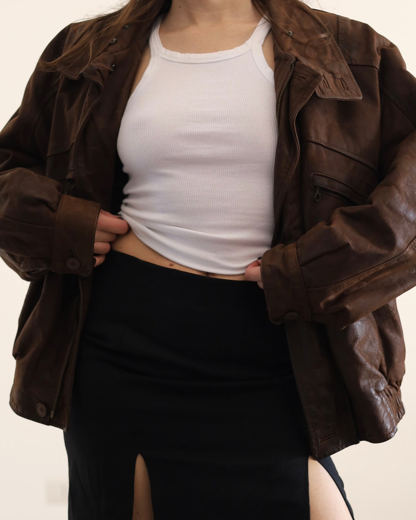 Distressed leather bomber jacket