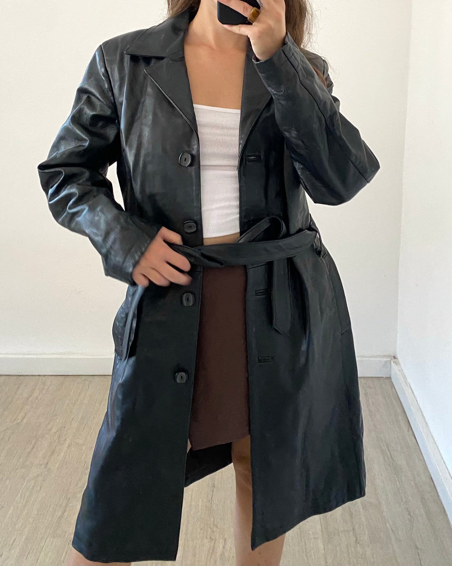 Belted leather trench jacket