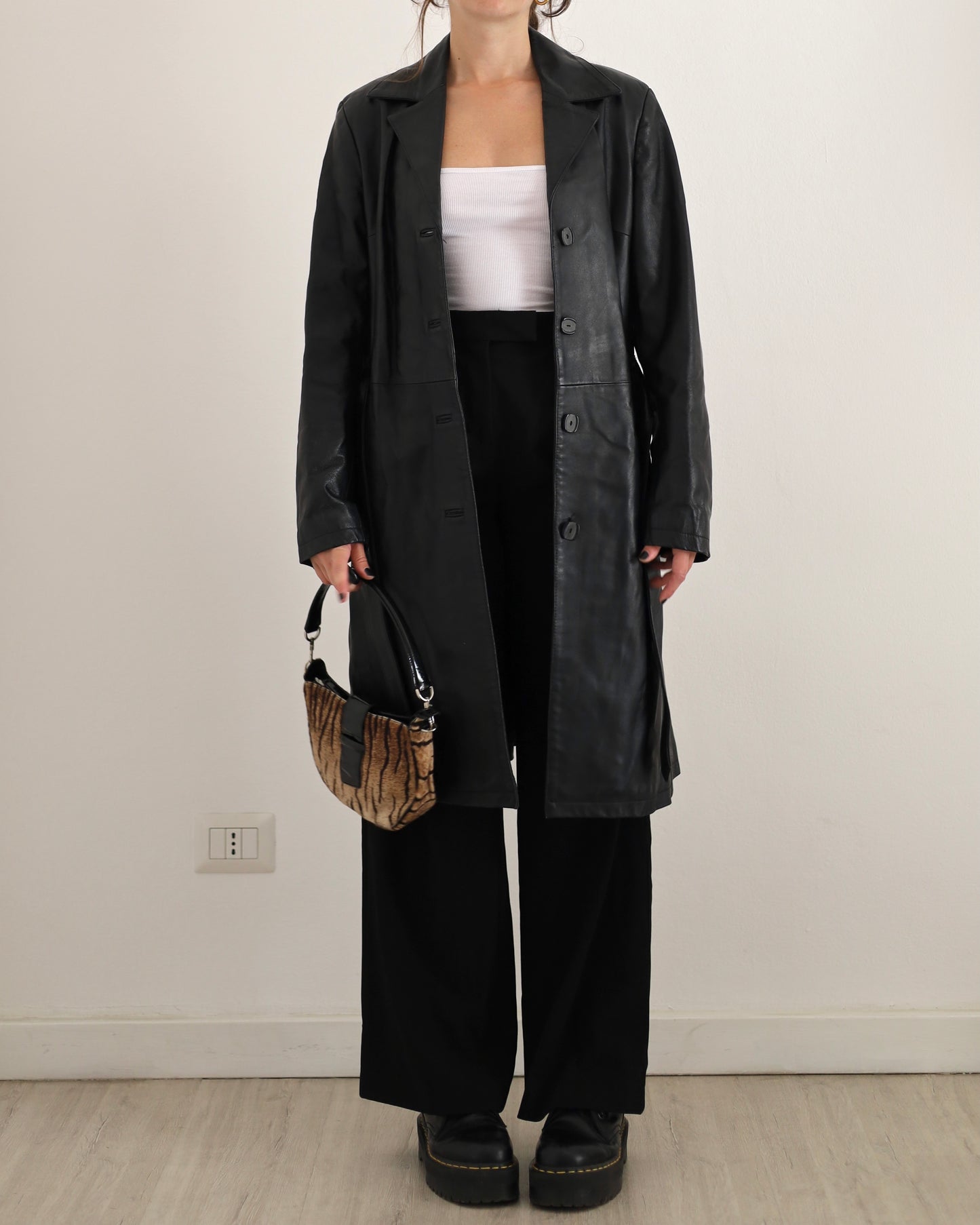 Belted leather trench jacket