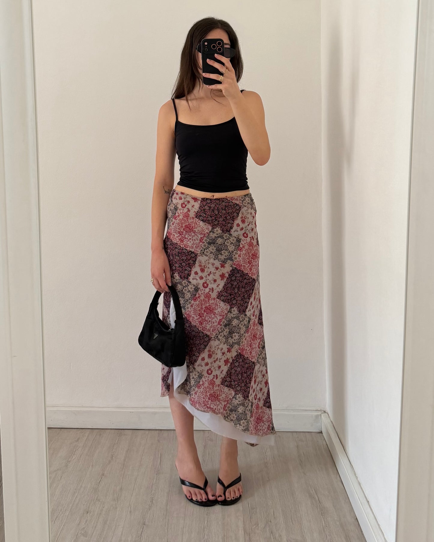 Asymmetric printed midi skirt