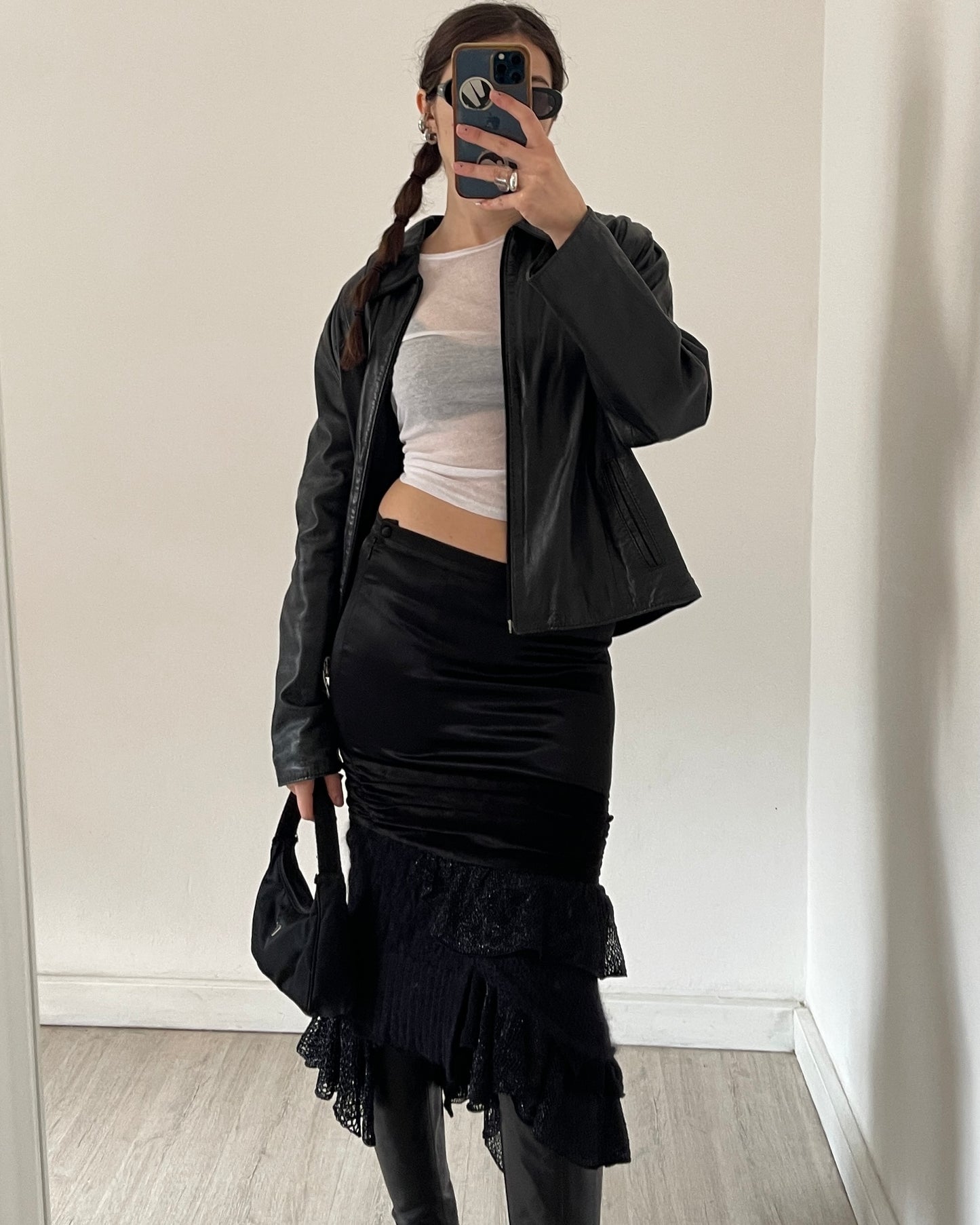 Satin mohair patchwork midi skirt