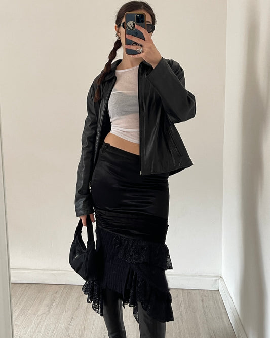 Satin mohair patchwork midi skirt