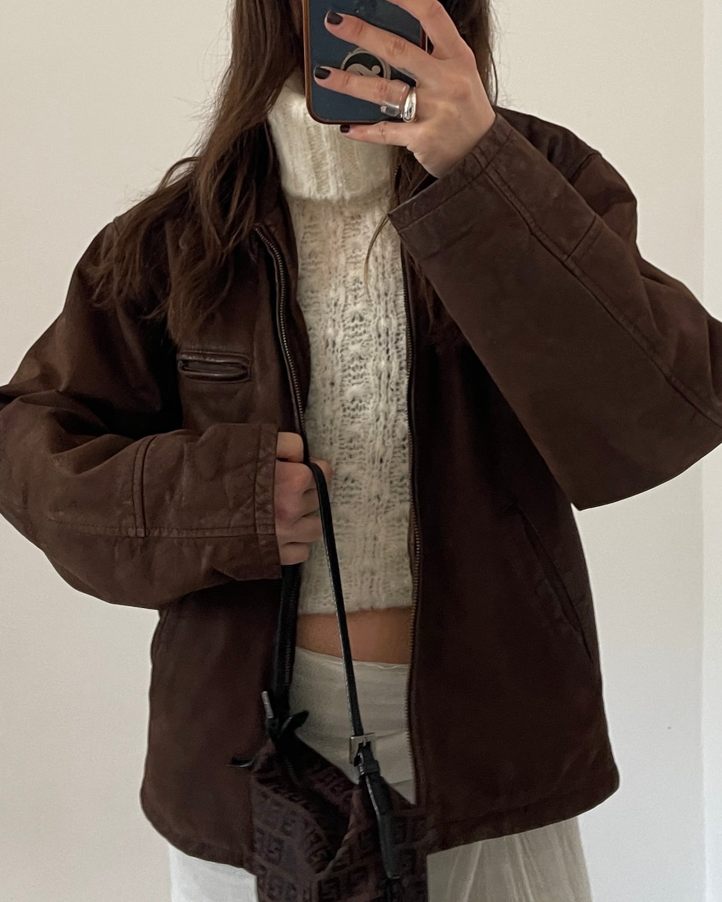 Brown leather bomber jacket