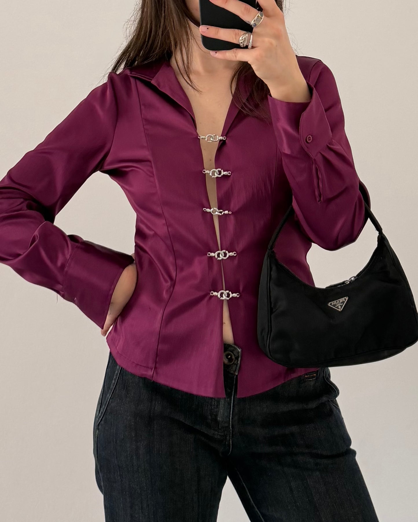 Satin shirt with metal hooks
