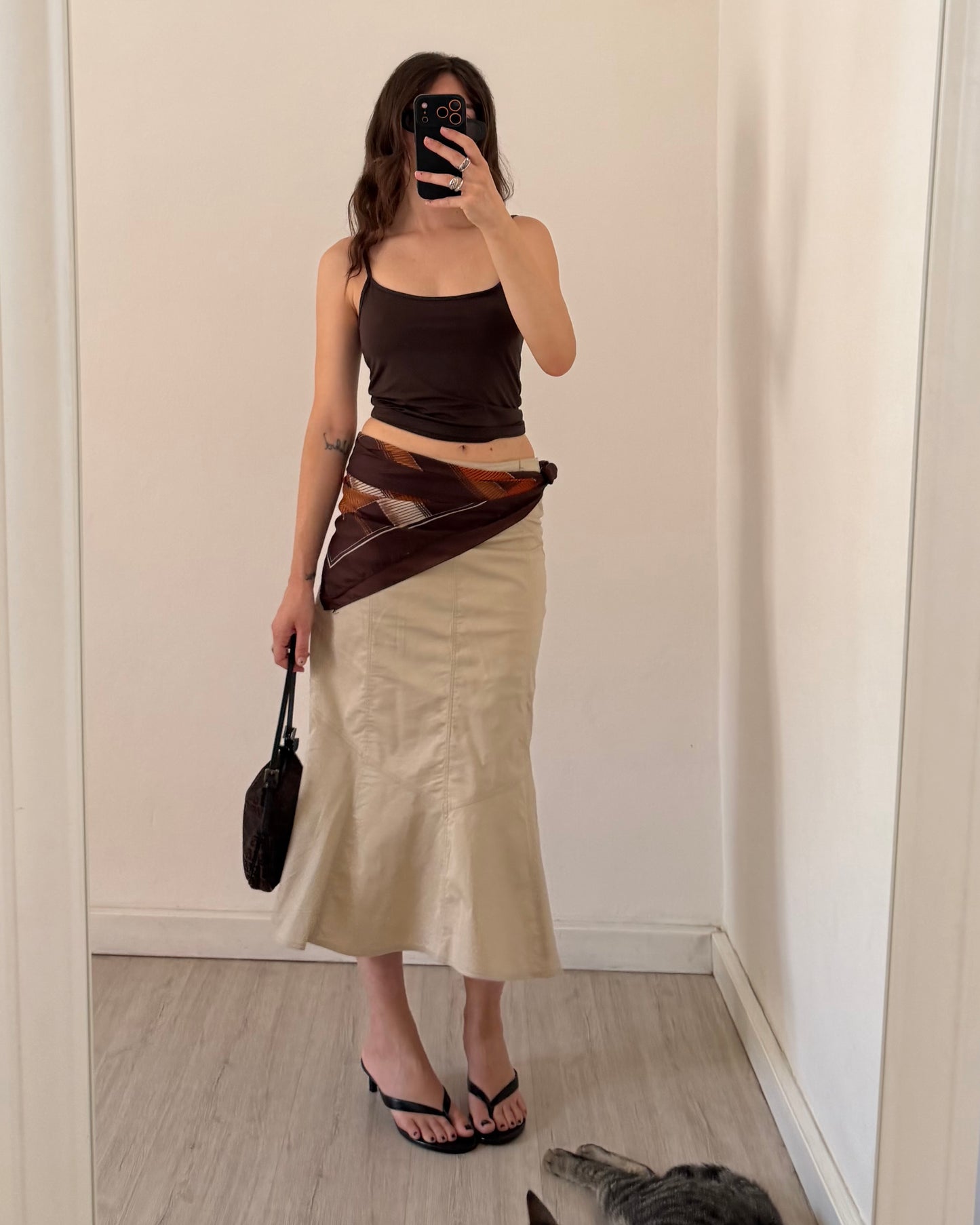 Beige cotton midi skirt