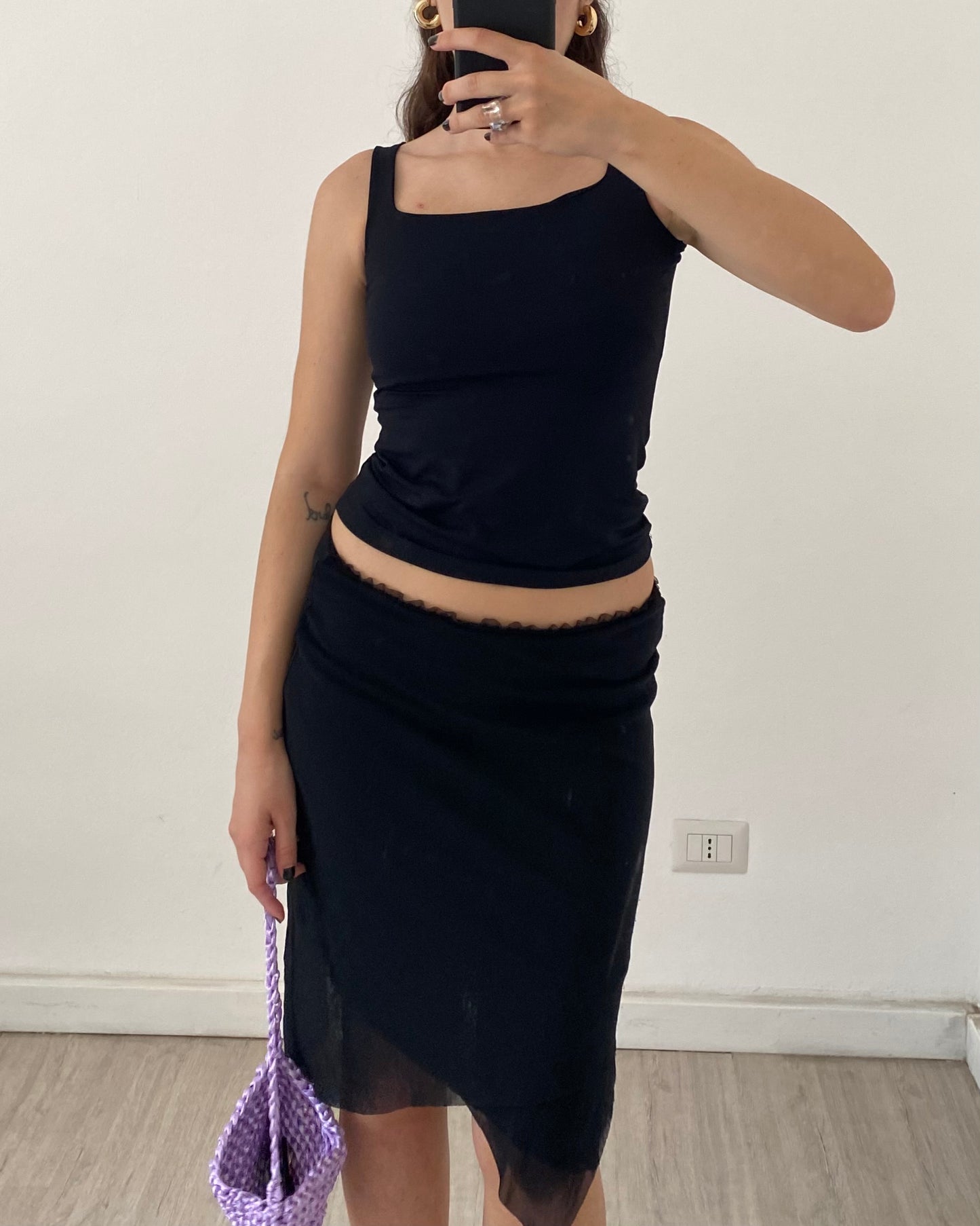 Asymmetric tulle midi skirt