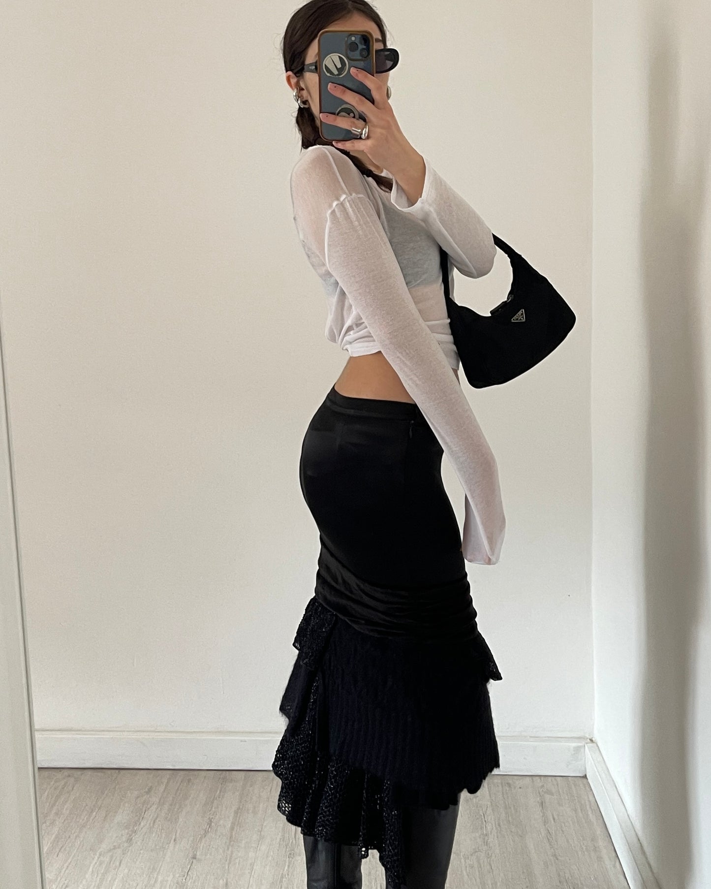 Satin mohair patchwork midi skirt