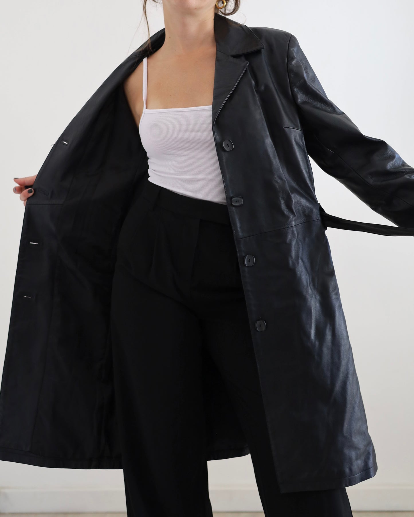 Belted leather trench jacket