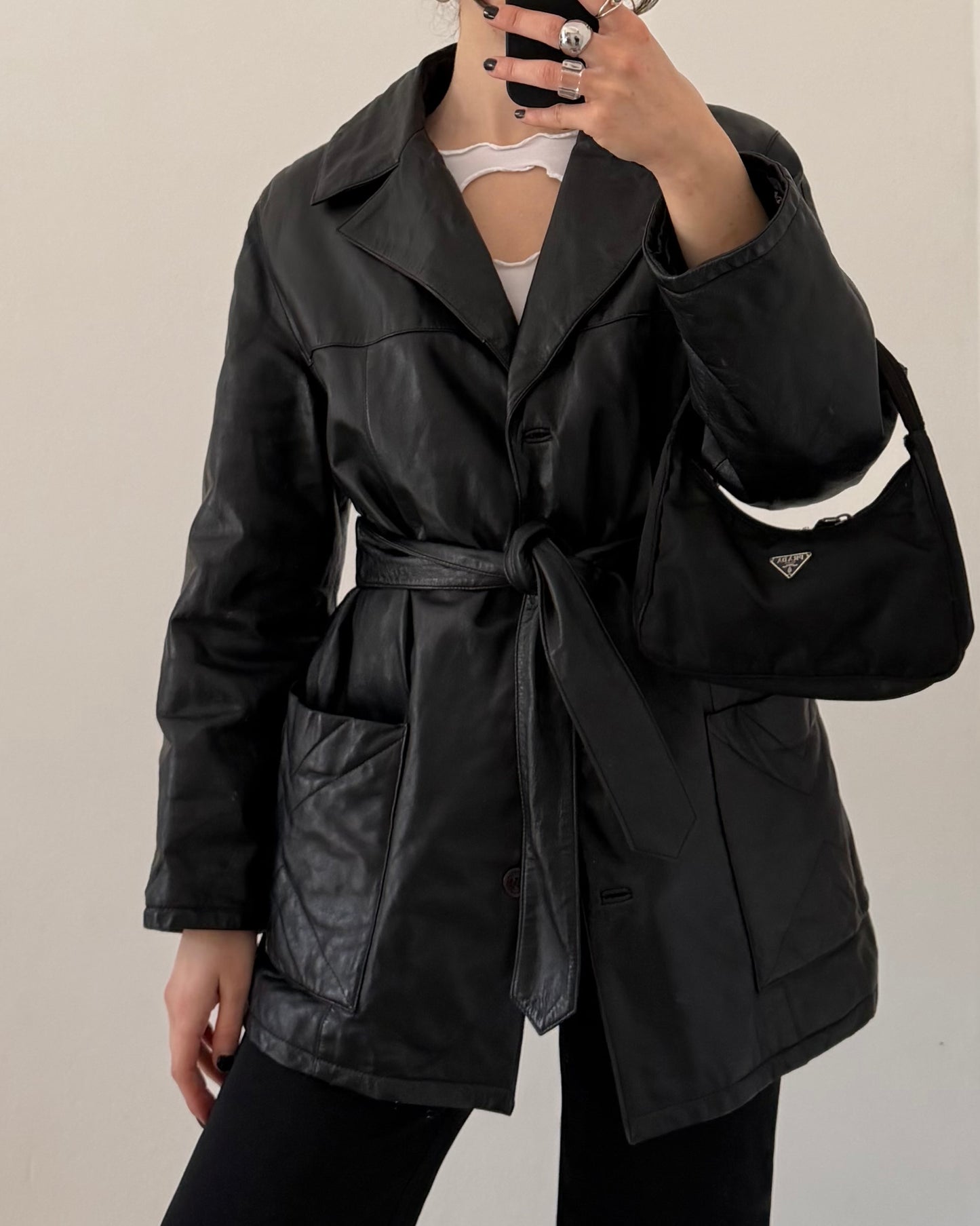 Belted leather jacket