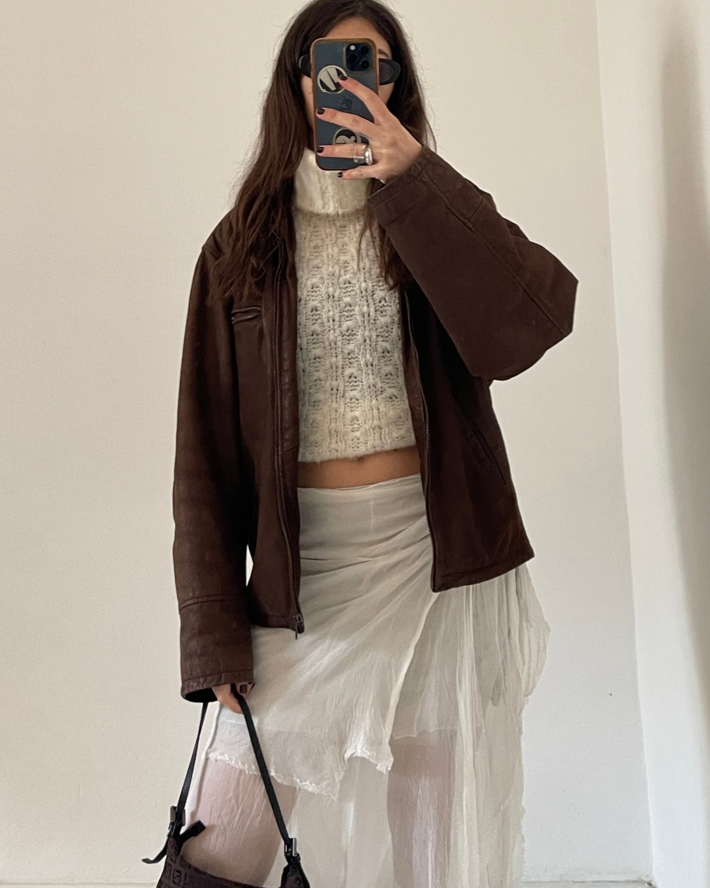 Brown leather bomber jacket