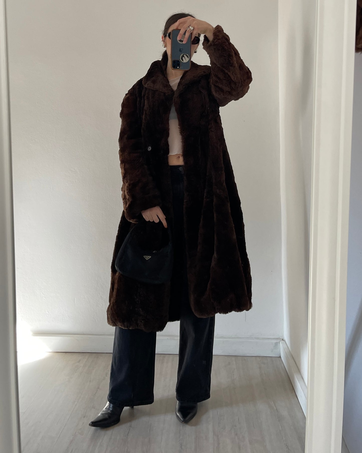 Brown long faux fur coat